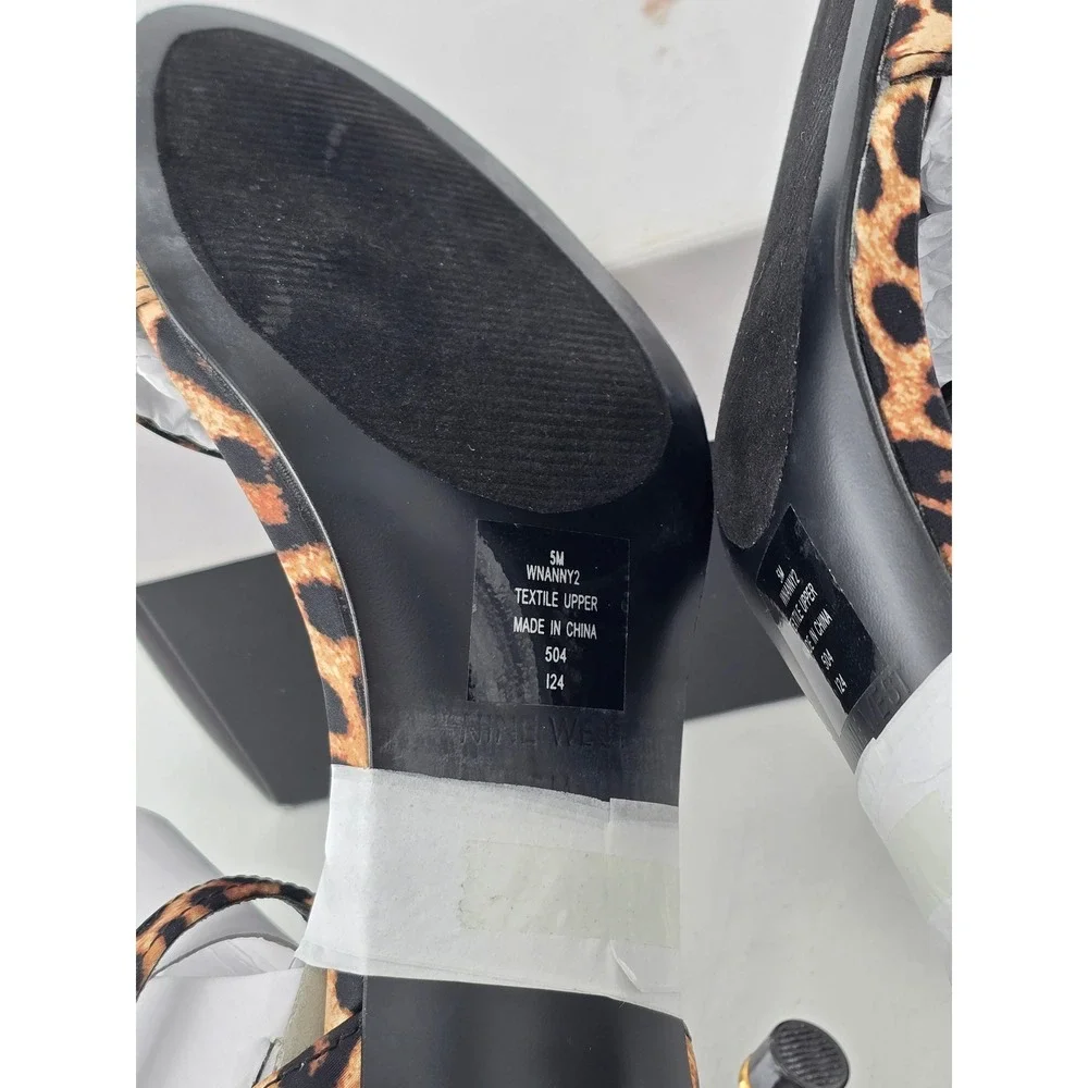 Nine West Anny2 Sandals Womens Size 5M Dark Natural Leopard Print Gold Heel -New